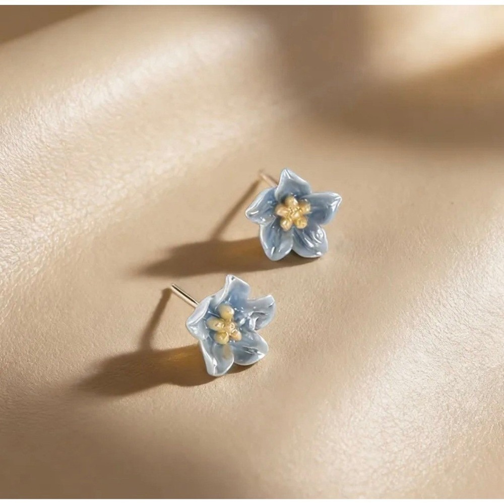 Blue Flower Stud Earrings Gold Center Floral Earrings Women 925 Sterling Silver